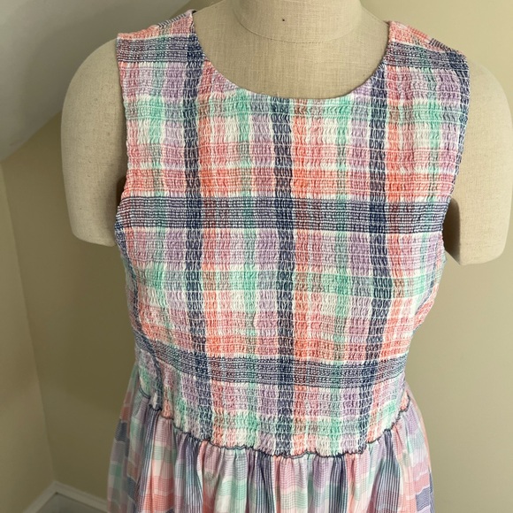J. Crew Pastel Plaid Sleeveless MIDI Dress Smocked LG Spring Beach Cruise - Picture 2 of 8